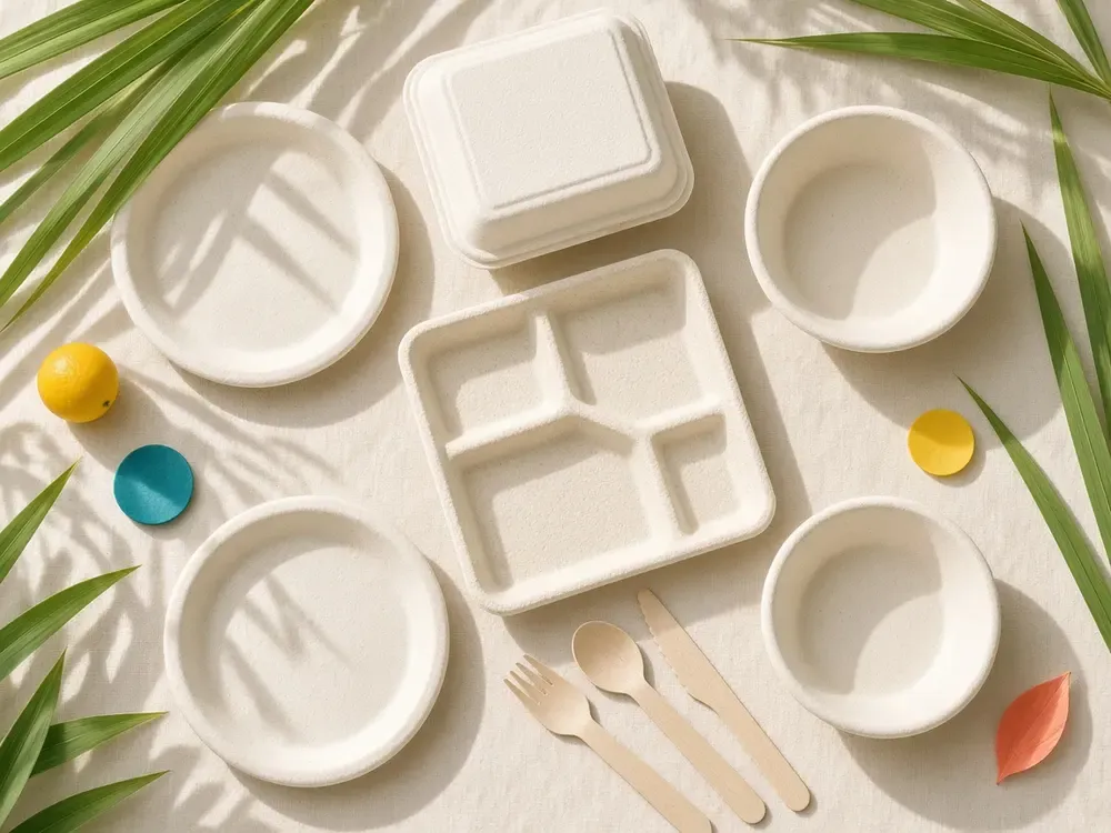 Bagasse plates, bowls, a clamshell and wooden cutlery on linen