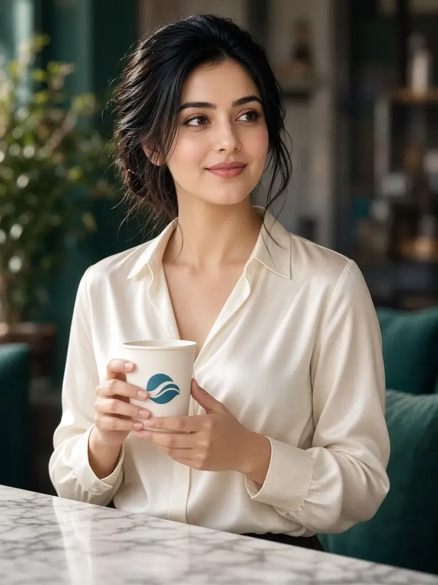 A café owner holding a custom-printed paper cup
