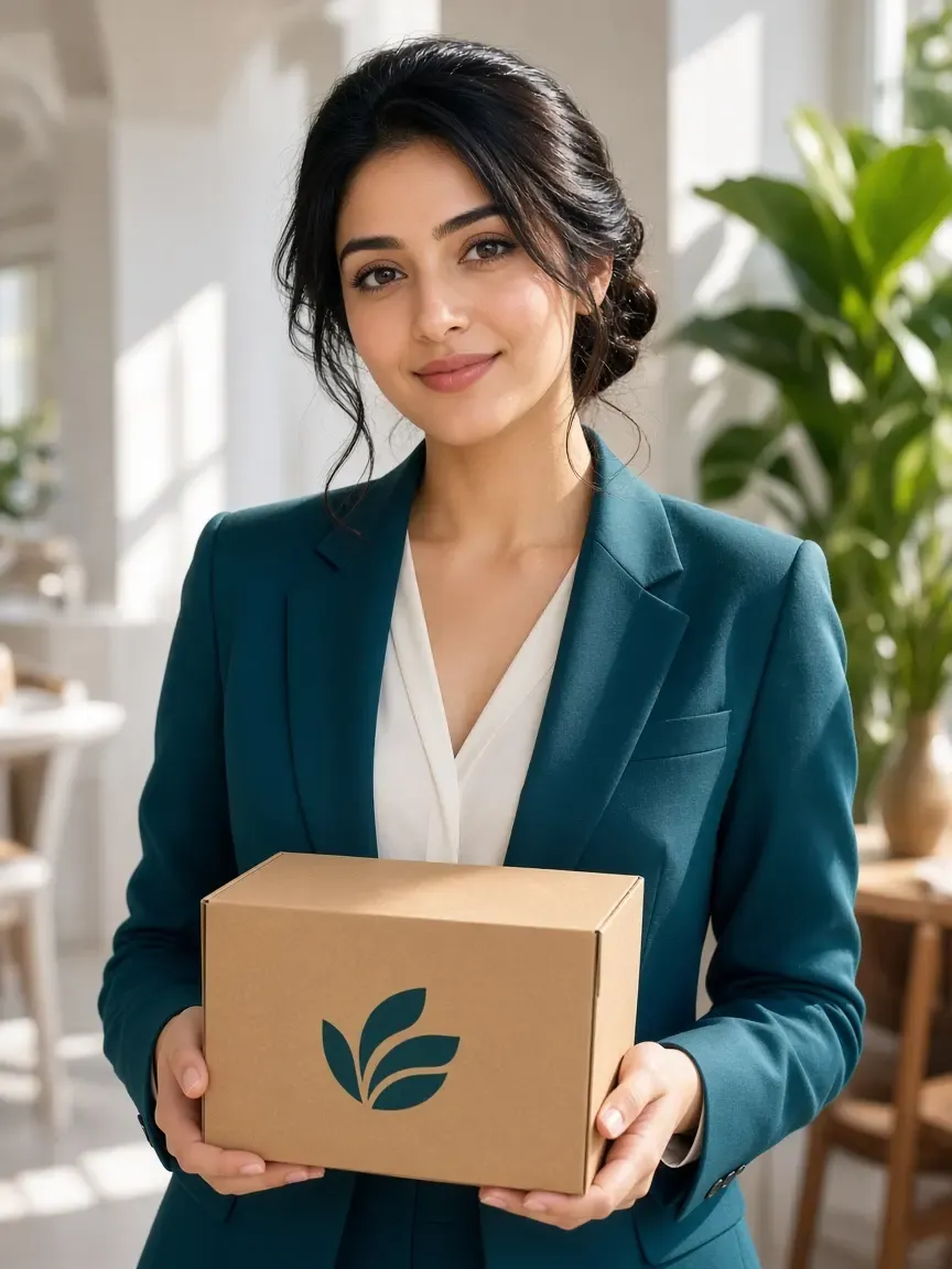 A restaurateur holding a custom-branded kraft food box